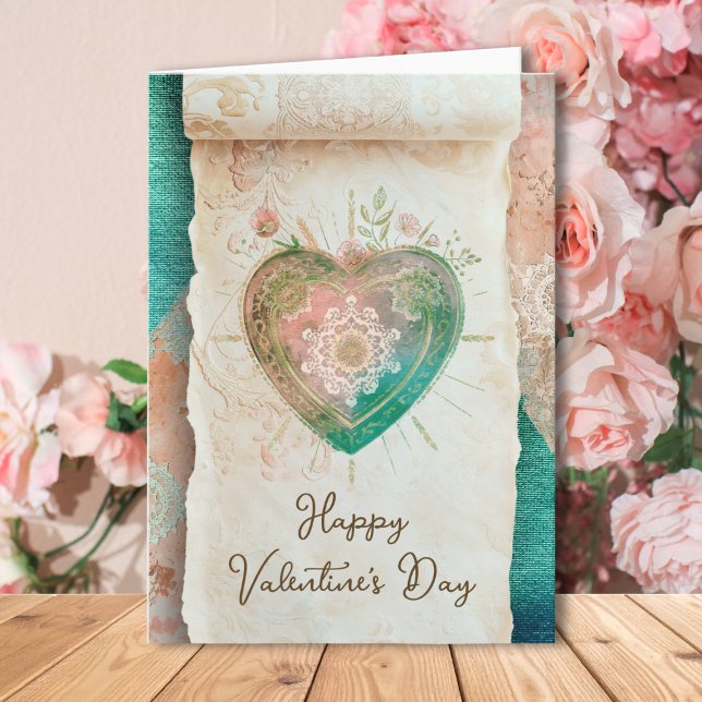 Blush Teal Baroque Sacred Heart Happy Valentines  Card (Creator Uploaded)