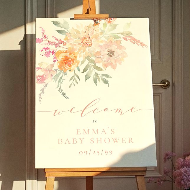 Blush Teal Spring Flowers Baby Shower Welcome Sign (Creator Uploaded)