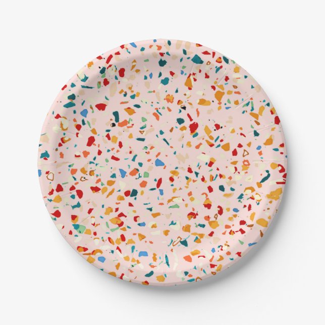 Blush Terrazzo | Pink Eclectic Speckles | Abstract Paper Plate (Front)