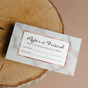Blush tones pink rose gold white marble pattern referral card