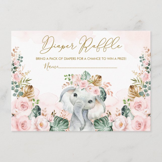 Blush Tropical Boho Elephant Baby Diaper Raffle Enclosure Card (Front)