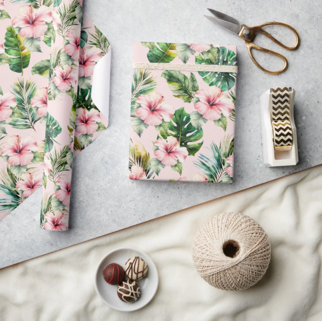 Blush Tropical Leaves Pink Hibiscus Flowers Wrapping Paper (Crafts)