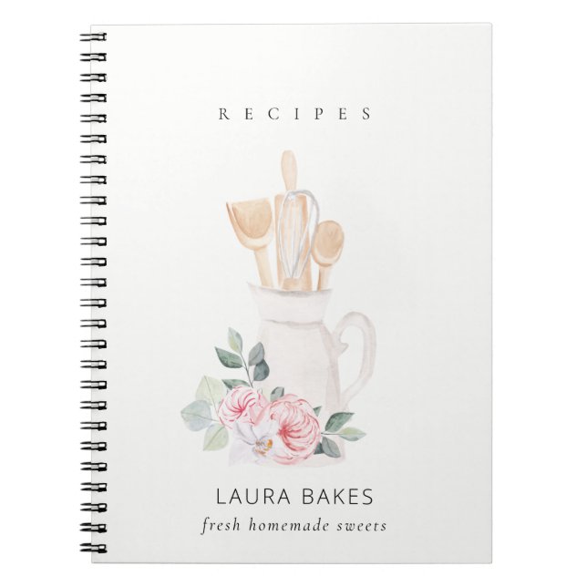 Blush Utensils Cookbook Floral Roller Whisk Recipe Notebook (Front)