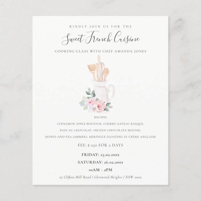 Blush Utensils Floral Whisk Bakery Cooking Class Flyer (Front)