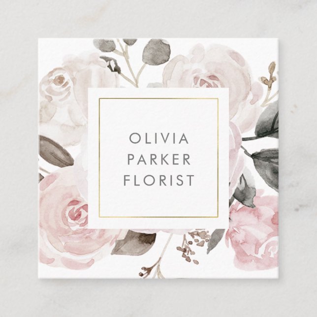 Blush Vintage Watercolor Roses on White Square Business Card (Front)