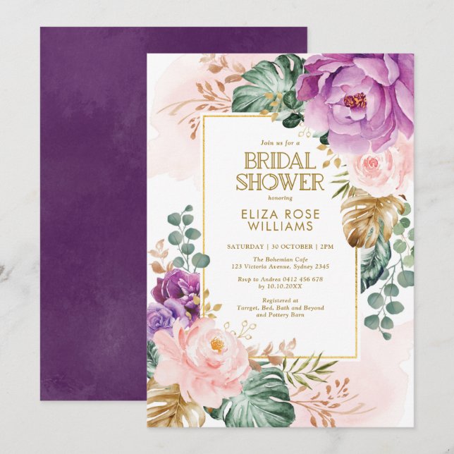 Blush Violet Tropical Bohemian Chic Bridal Shower Invitation (Front/Back)