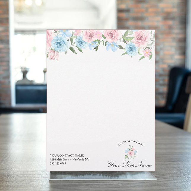 Blush watercolor blue & pink roses, Business name  Letterhead (Creator Uploaded)