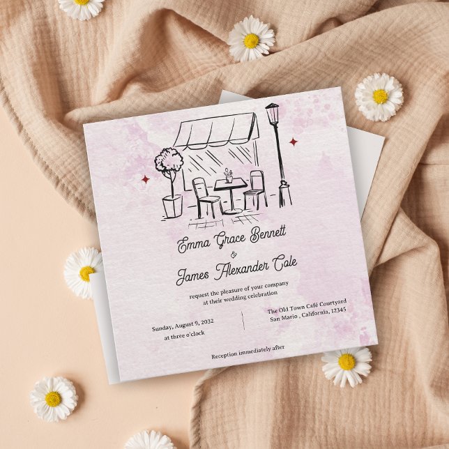 Blush Watercolor Café Illustration Wedding Invite (Blush Watercolor Café Illustration Wedding Invite)