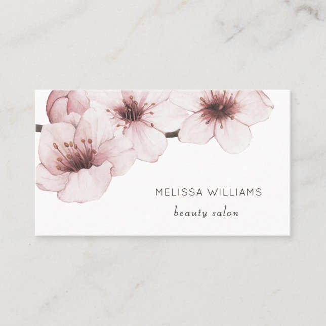 Blush Watercolor Cherry Blossom  | Qr Code Business Card (Front)