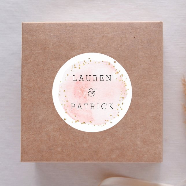 Blush Watercolor Circle Gold Dots Wedding Classic Round Sticker (Creator Uploaded)