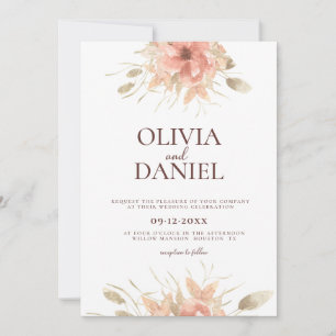Blush Watercolor Dusty Rose Floral Wedding  Invitation