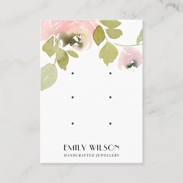 BLUSH WATERCOLOR FLORAL 3 STUD EARRING DISPLAY BUSINESS CARD (Front)