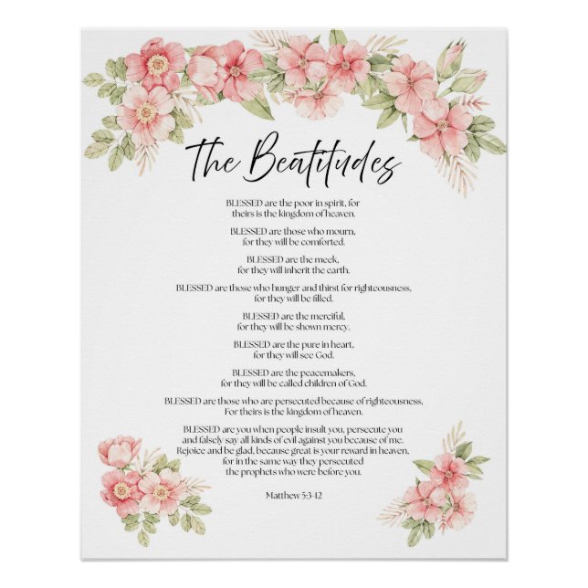 Blush Watercolor Floral Beatitudes Scripture Poster (Front)