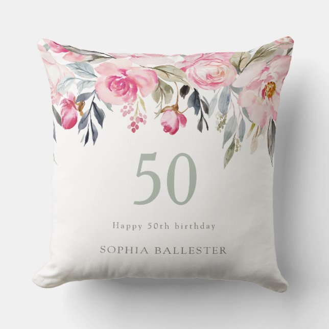 Blush watercolor Floral beautiful 50th birthday Throw Pillow (Front)