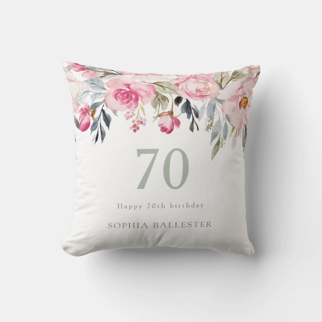Blush watercolor Floral beautiful 70th birthday Throw Pillow (Front)