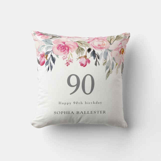 Blush watercolor Floral beautiful 90th birthday Throw Pillow (Front)