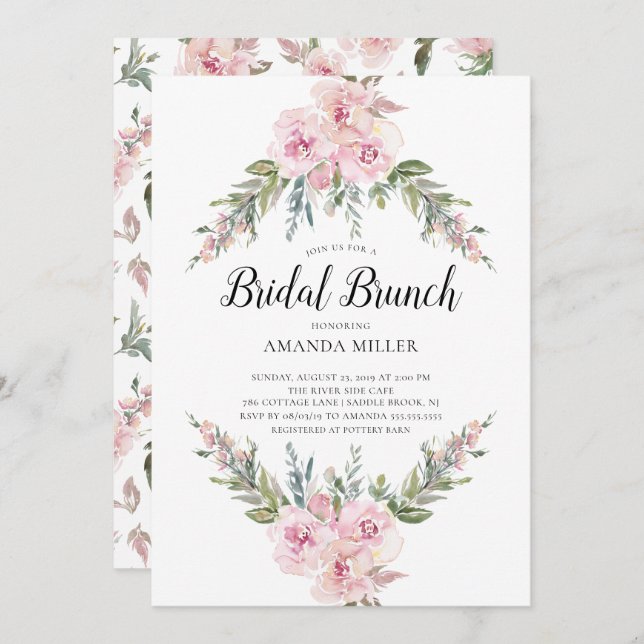 Blush Watercolor Floral Bridal Brunch Invitation (Front/Back)