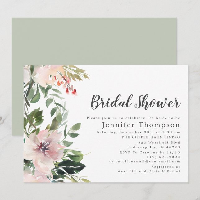 Blush Watercolor Floral & Greenery Bridal Shower Invitation (Front/Back)
