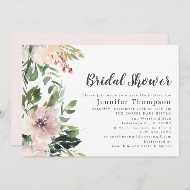 Blush Watercolor Floral & Greenery Bridal Shower Invitation (Front/Back)