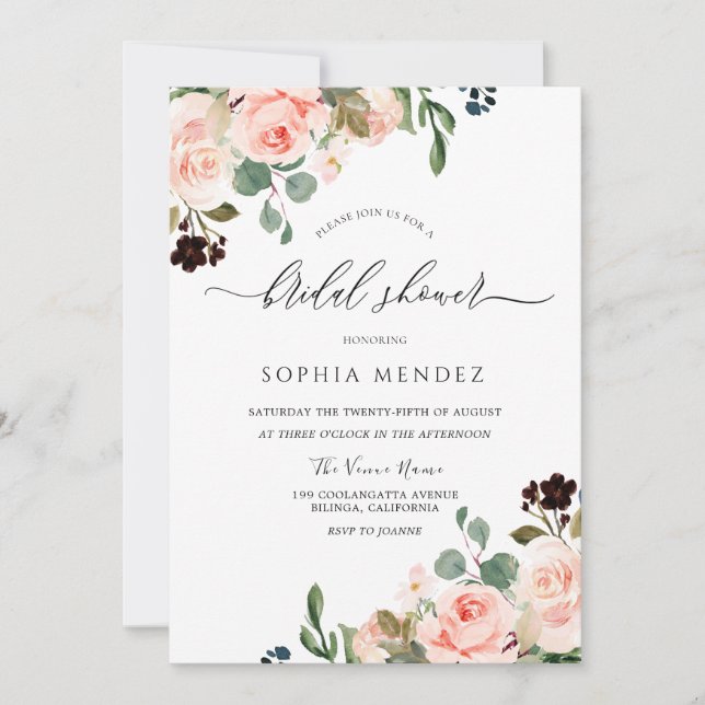 Blush Watercolor Floral Wedding Bridal Shower Invitation (Front)