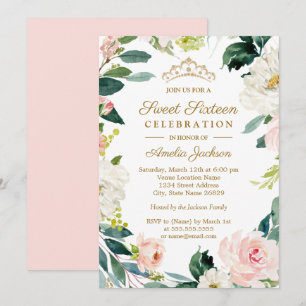 Blush Watercolor Floral Wreath Sweet 16 Party Invitation