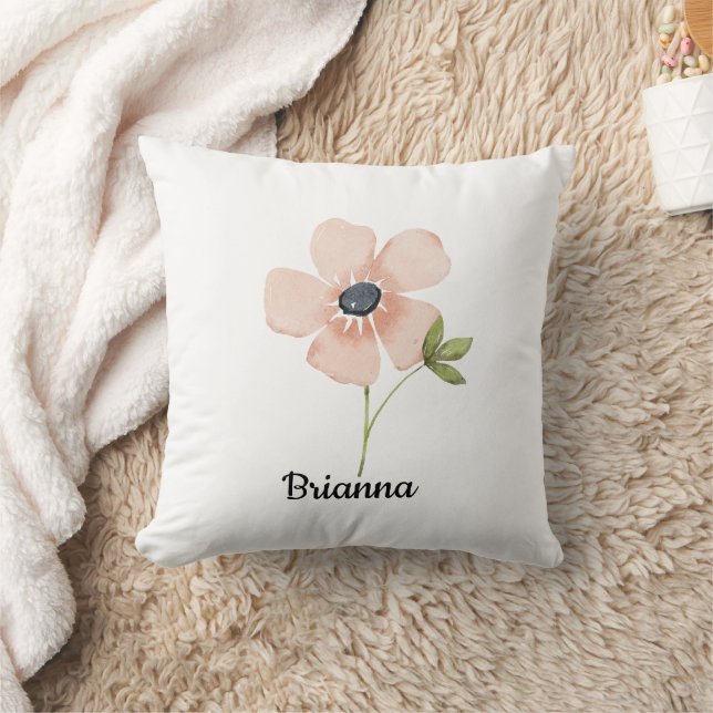 Blush Watercolor Flower Name Throw Pillow (Blanket)