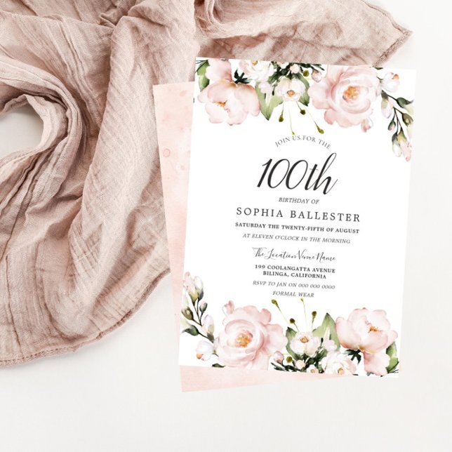 Blush Watercolor Flowers 100th Birthday Party Invitation (Creator Uploaded)