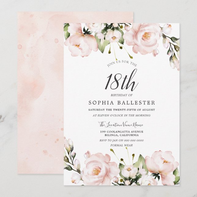 Blush Watercolor Flowers 18th Birthday Party Invitation (Front/Back)