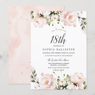 Blush Watercolor Flowers 18th Birthday Party Invitation