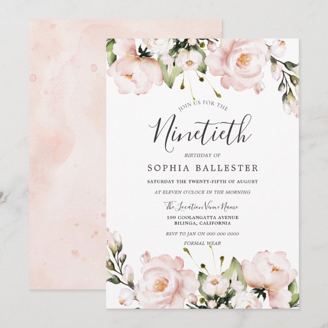 Blush Watercolor Flowers 90th Birthday Party Invitation (Front/Back)