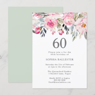Blush Watercolor Flowers Elegant 60th Birthday Invitation