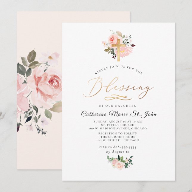 Blush Watercolor Flowers Faux Gold Blessing Invitation (Front/Back)
