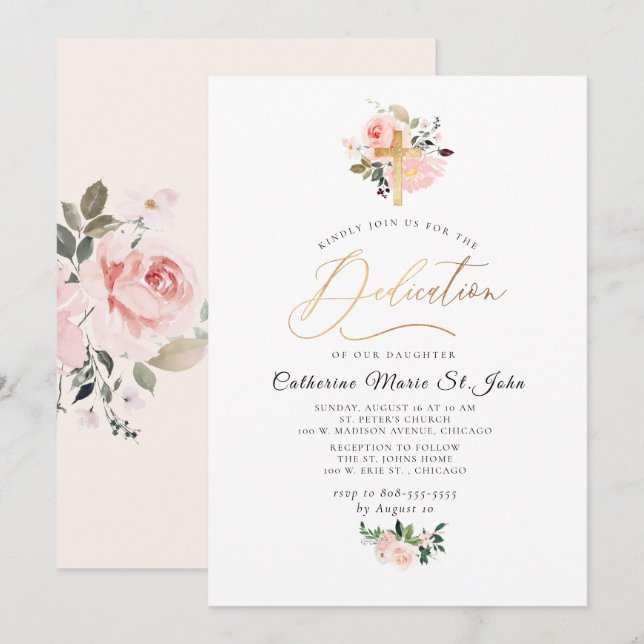 Blush Watercolor Flowers Faux Gold Dedication Invitation (Front/Back)