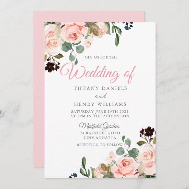 Blush Watercolor Flowers Modern Wedding Design Invitation (Front/Back)