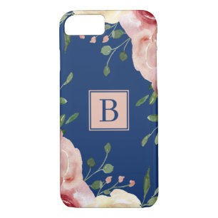 Blush Watercolor Flowers on Navy Simple Monogram Case-Mate iPhone Case
