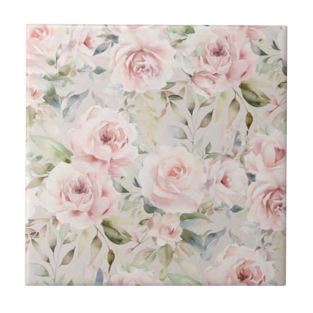 Blush Watercolor Rose Floral Pattern Tile (Front)