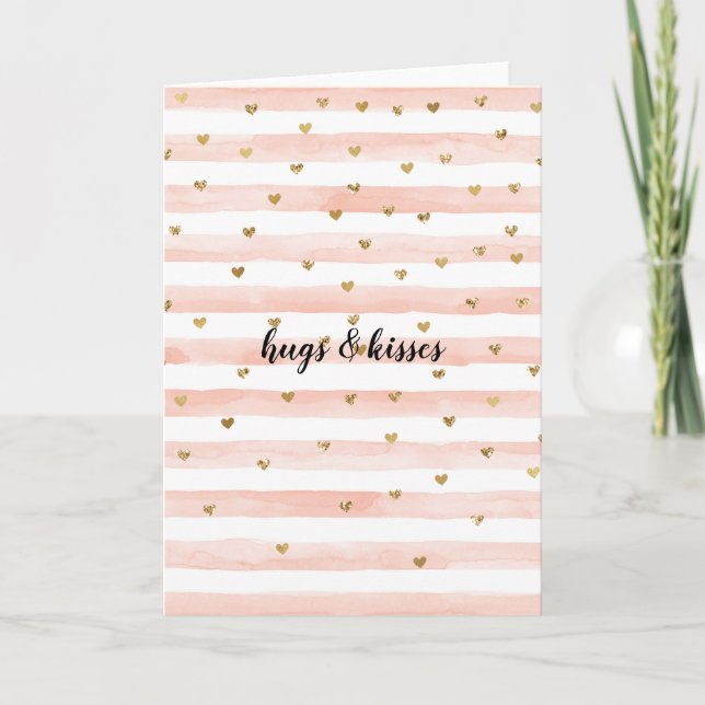 Blush Watercolor Stripes Gold Glitter Hearts Card (Front)