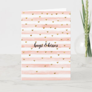 Blush Watercolor Stripes Gold Glitter Hearts Card