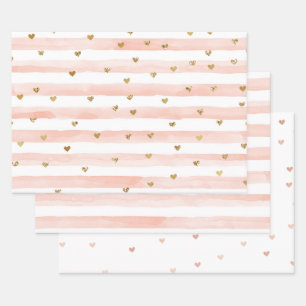 Blush Watercolor Stripes Gold Glitter Hearts   Wrapping Paper Sheet