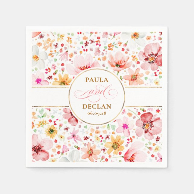 Blush Watercolor Wildflowers Elegant Boho Wedding Napkin (Front)