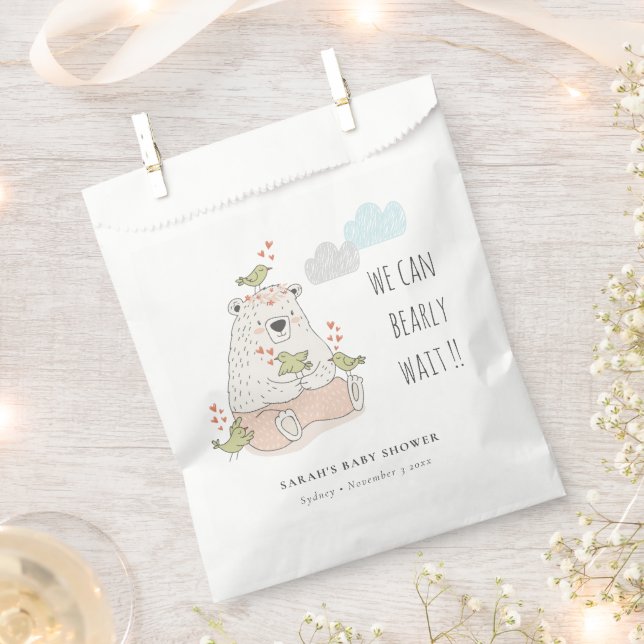 Blush We Can Bearly Wait Bear Birds Baby Shower Favour Bag (Clipped)