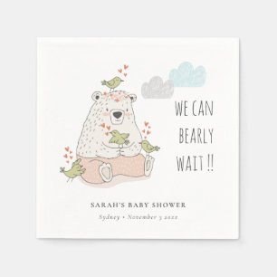Blush We Can Bearly Wait Bear Birds Baby Shower Napkin