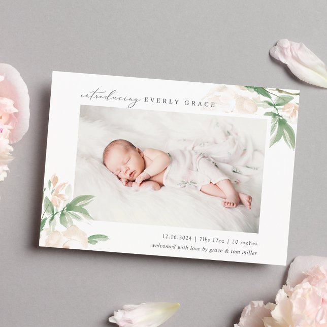 Blush Whisper Floral Photo Birth Announcement (Creator Uploaded)