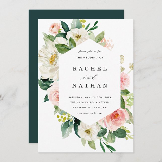 Blush White Bloom Floral Wedding Invitation (Front/Back)
