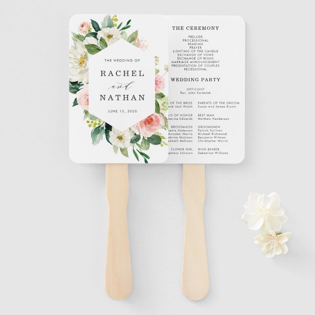 Blush White Bloom Floral Wedding Program Hand Fan (Front and Back)