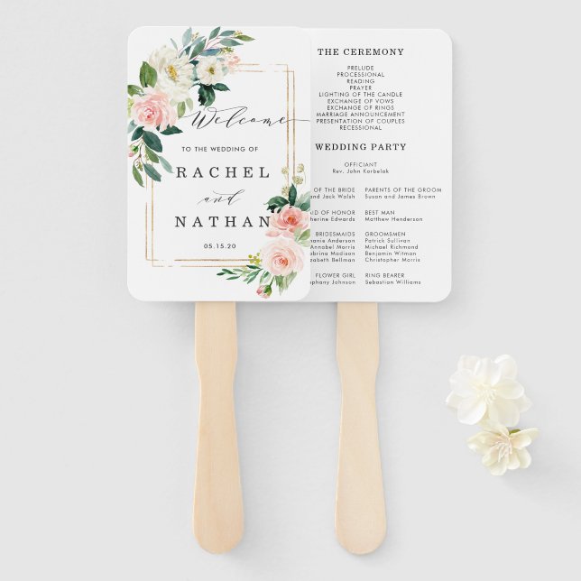 Blush White Bloom Floral Wedding Program Hand Fan (Front and Back)