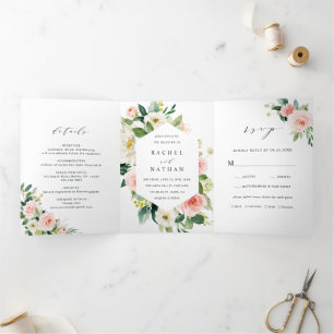 Blush White Bloom Floral Wedding Tri-Fold Invitation