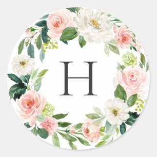 Blush White Bloom Floral Wreath Monogram Classic Round Sticker