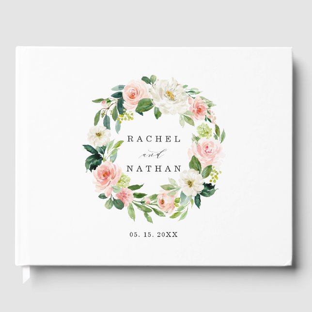 Blush White Bloom Floral Wreath Wedding Guestbook (Front)