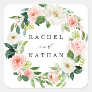 Blush White Bloom Floral Wreath Wedding Square Sticker